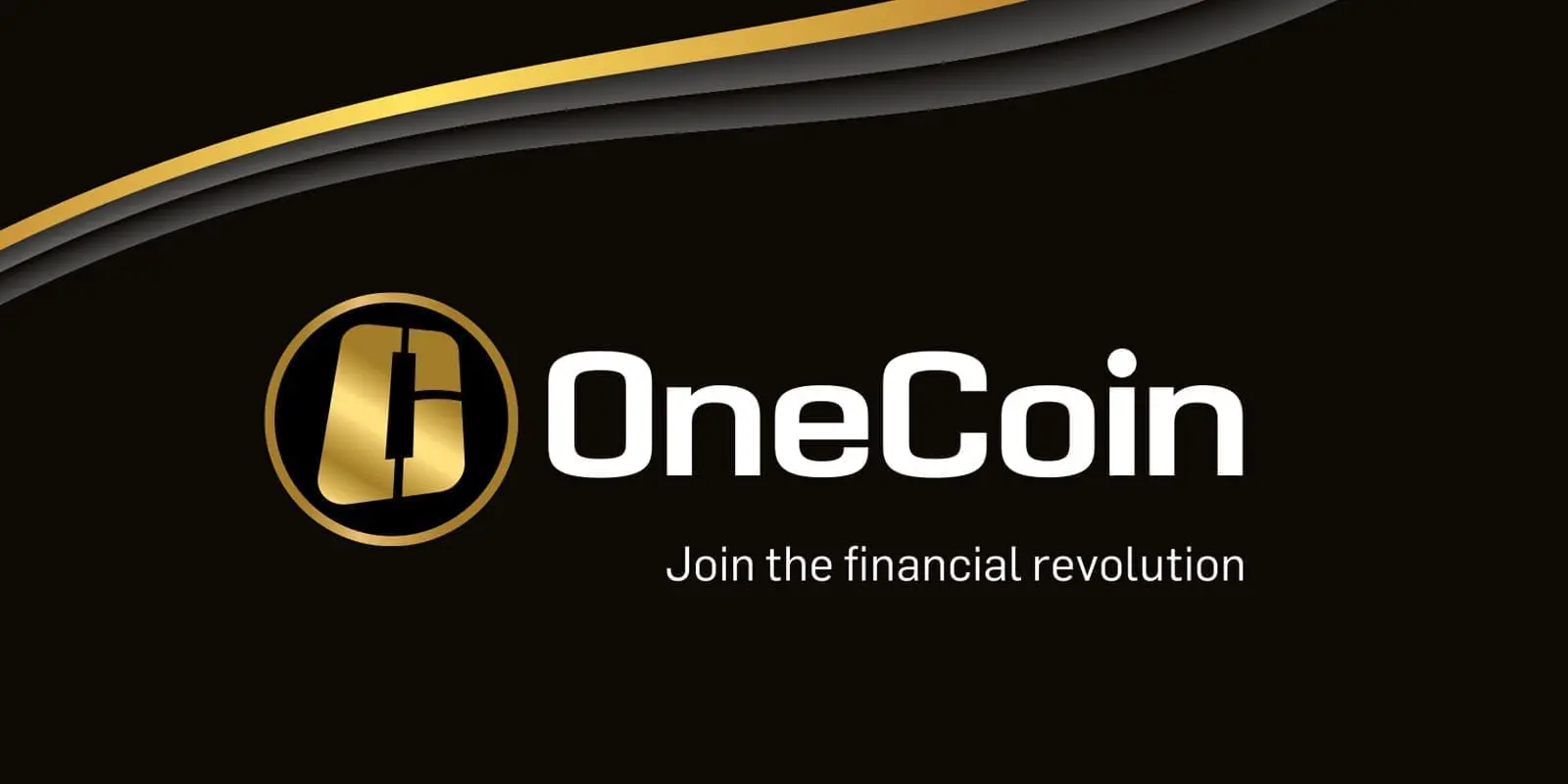Logo of OneCoin, depicted with a stylized gold coin, underlined by the slogan "Join the financial revolution".