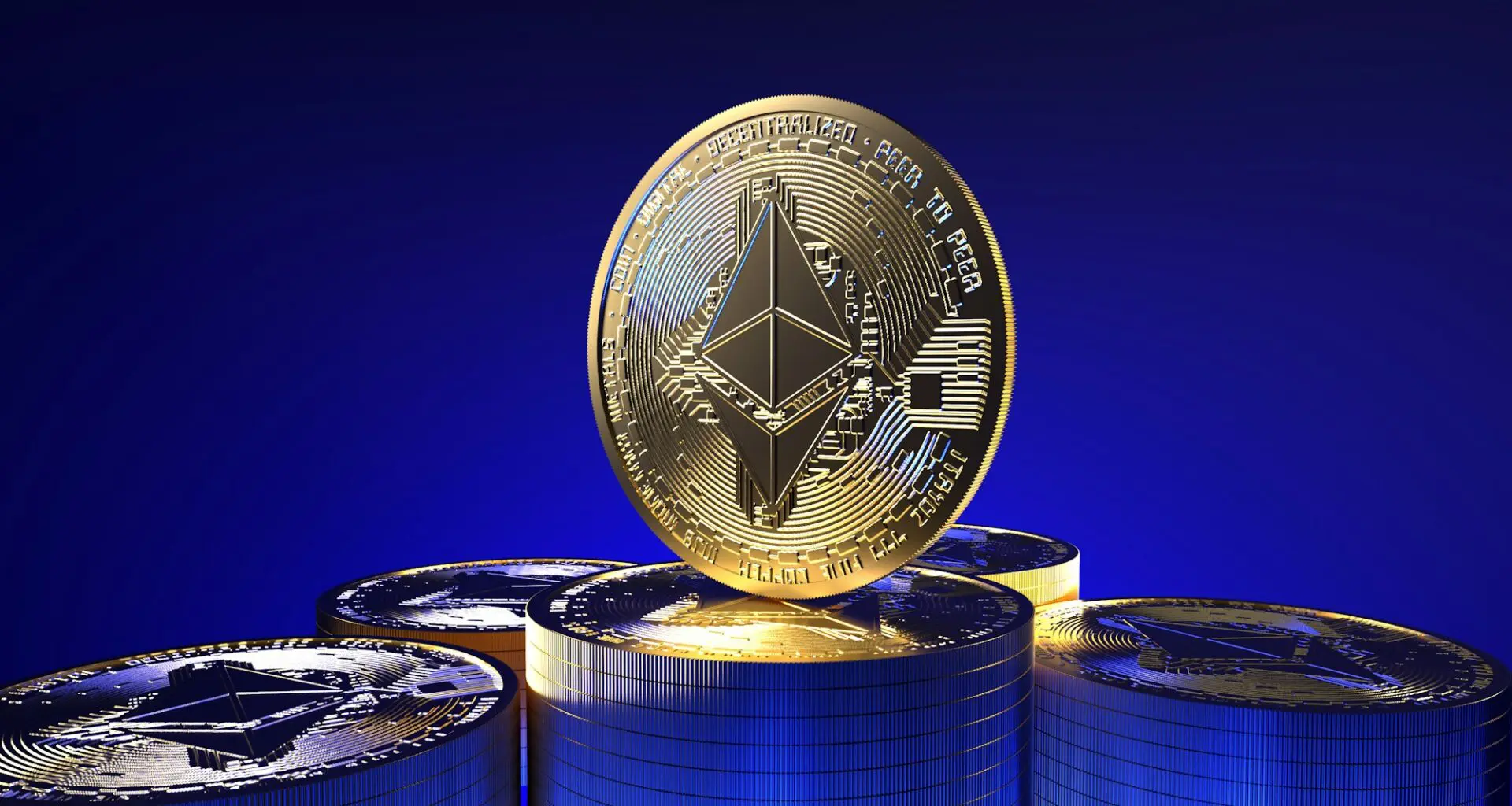Closeup of the Ethereum cryptocurrency on dark blue background.