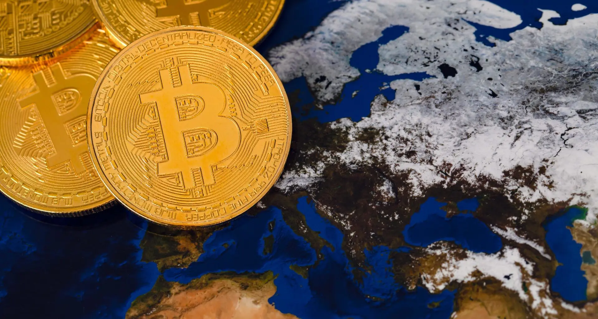 Golden Shiny Bitcoin Crypto Currency Coins On World Map