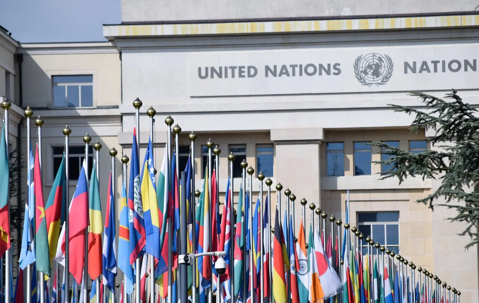 The image shows a row of international flags in front of the United Nations building.