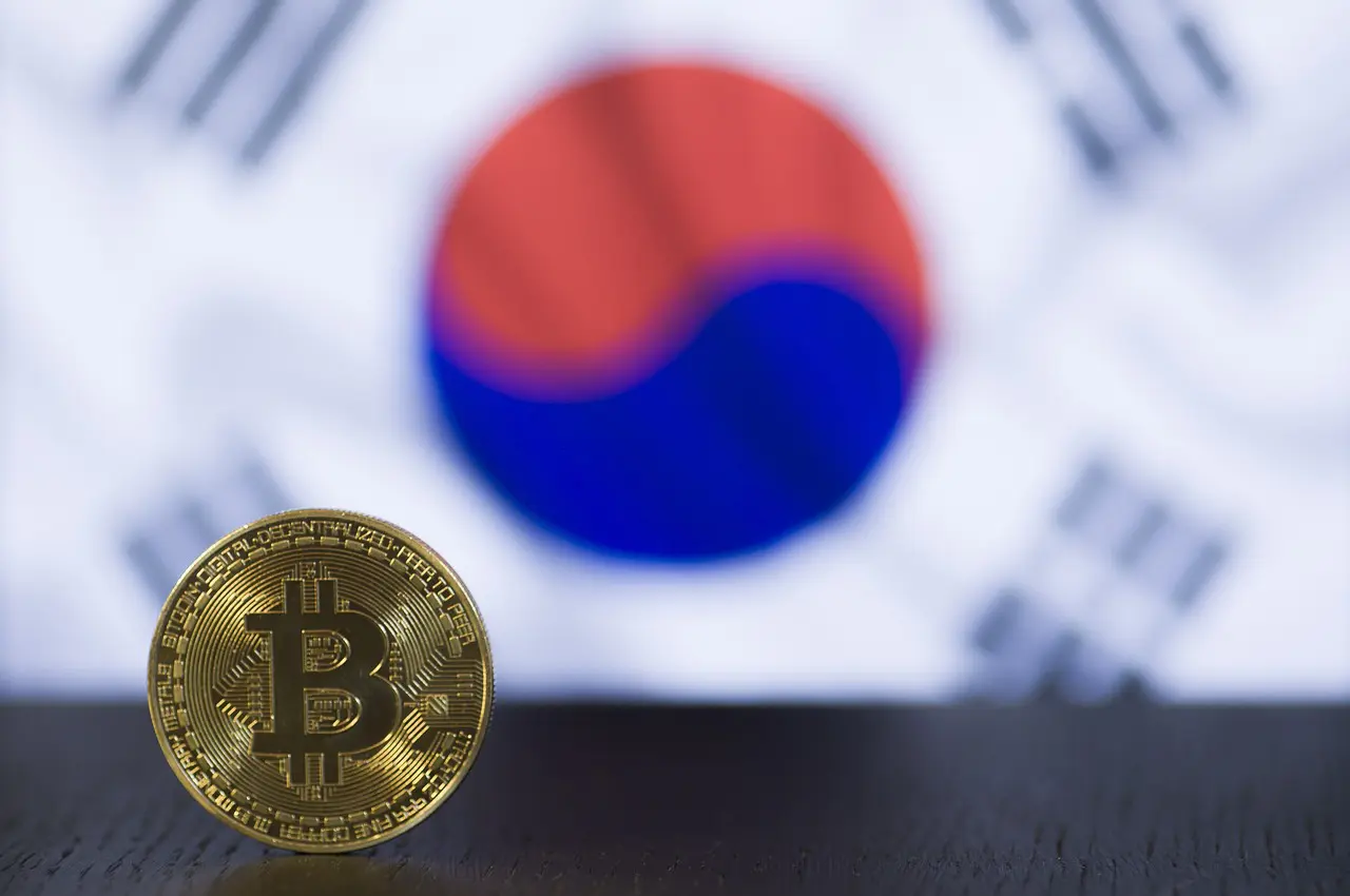 A Bitcoin coin in focus against a blurred South Korean flag background.