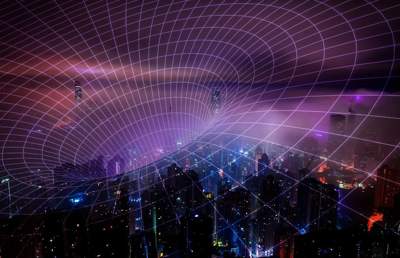 A futuristic city skyline at night overlaid with a grid that suggests a digital network or connectivity.