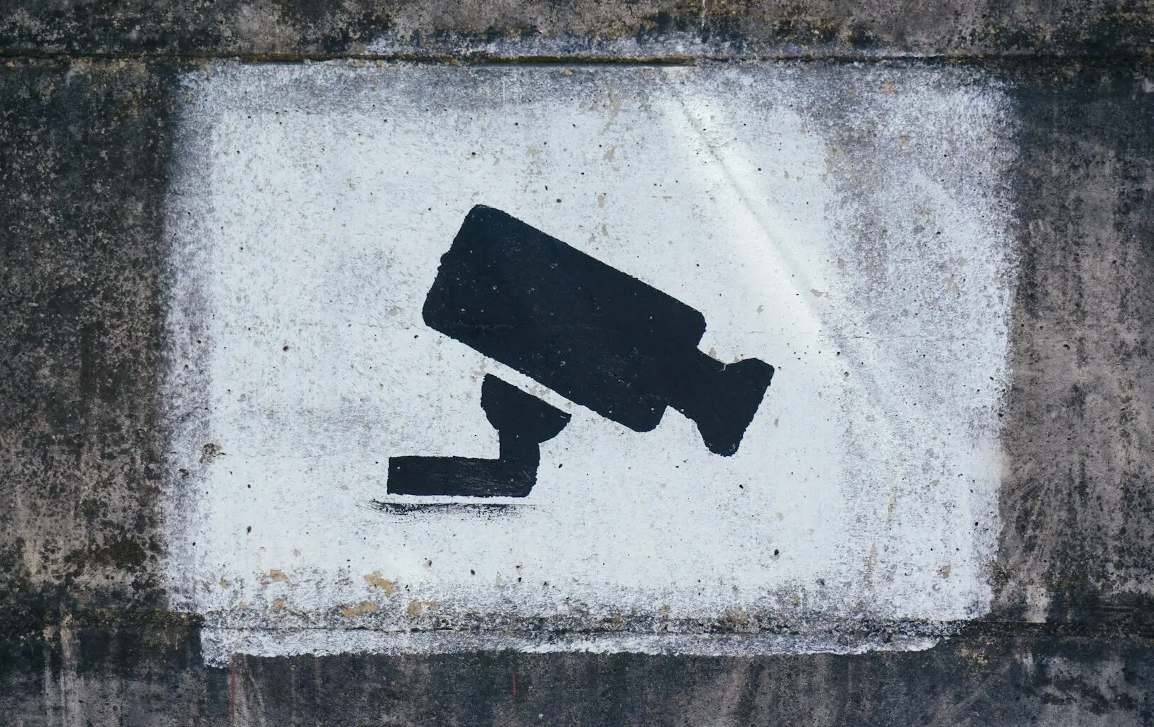 A stenciled image of a surveillance camera on a textured wall.