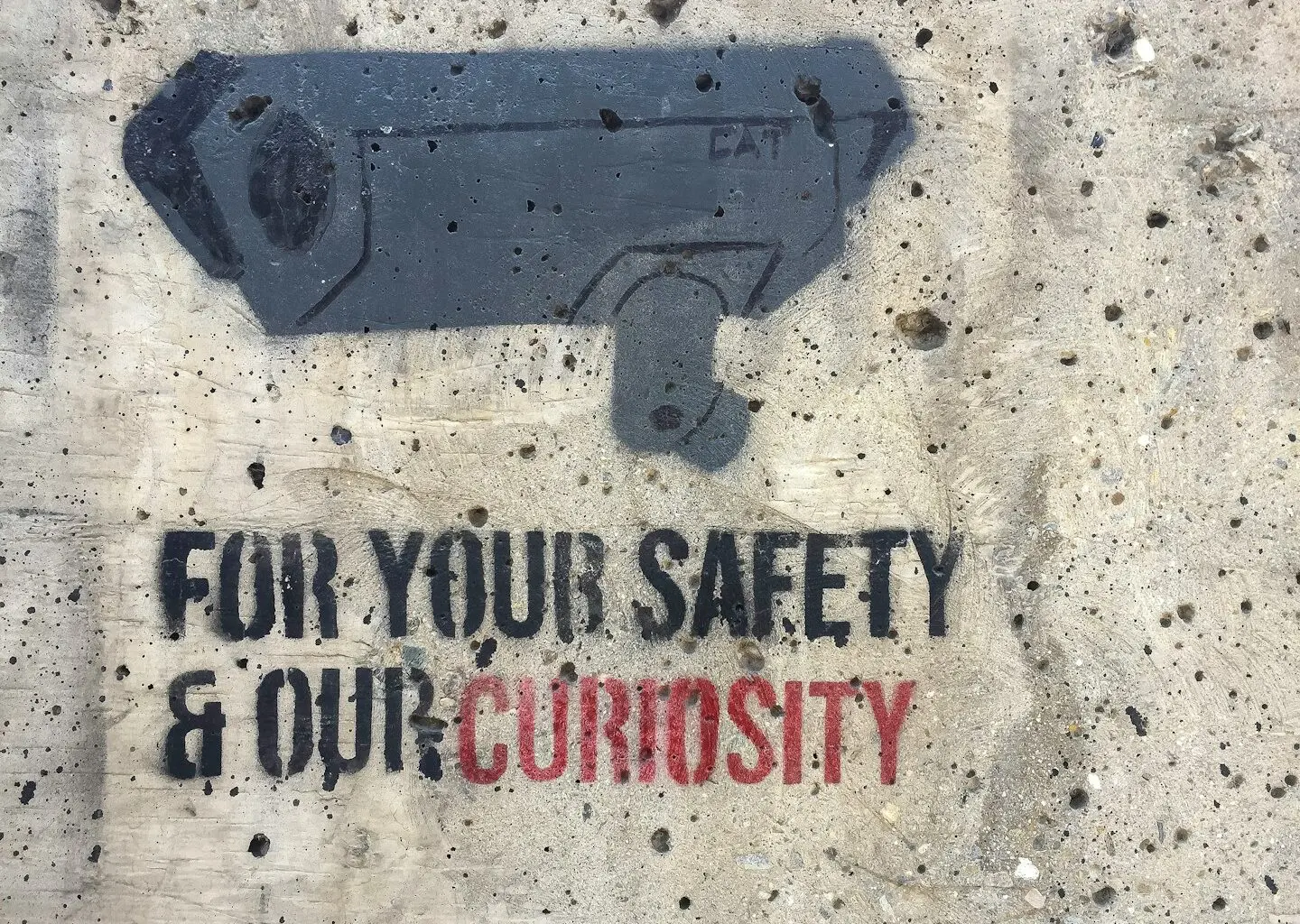 Graffiti on a sidewalk that includes a stenciled image of a surveillance camera and the phrase "FOR YOUR SAFETY & OUR CURIOSITY" in capital letters.