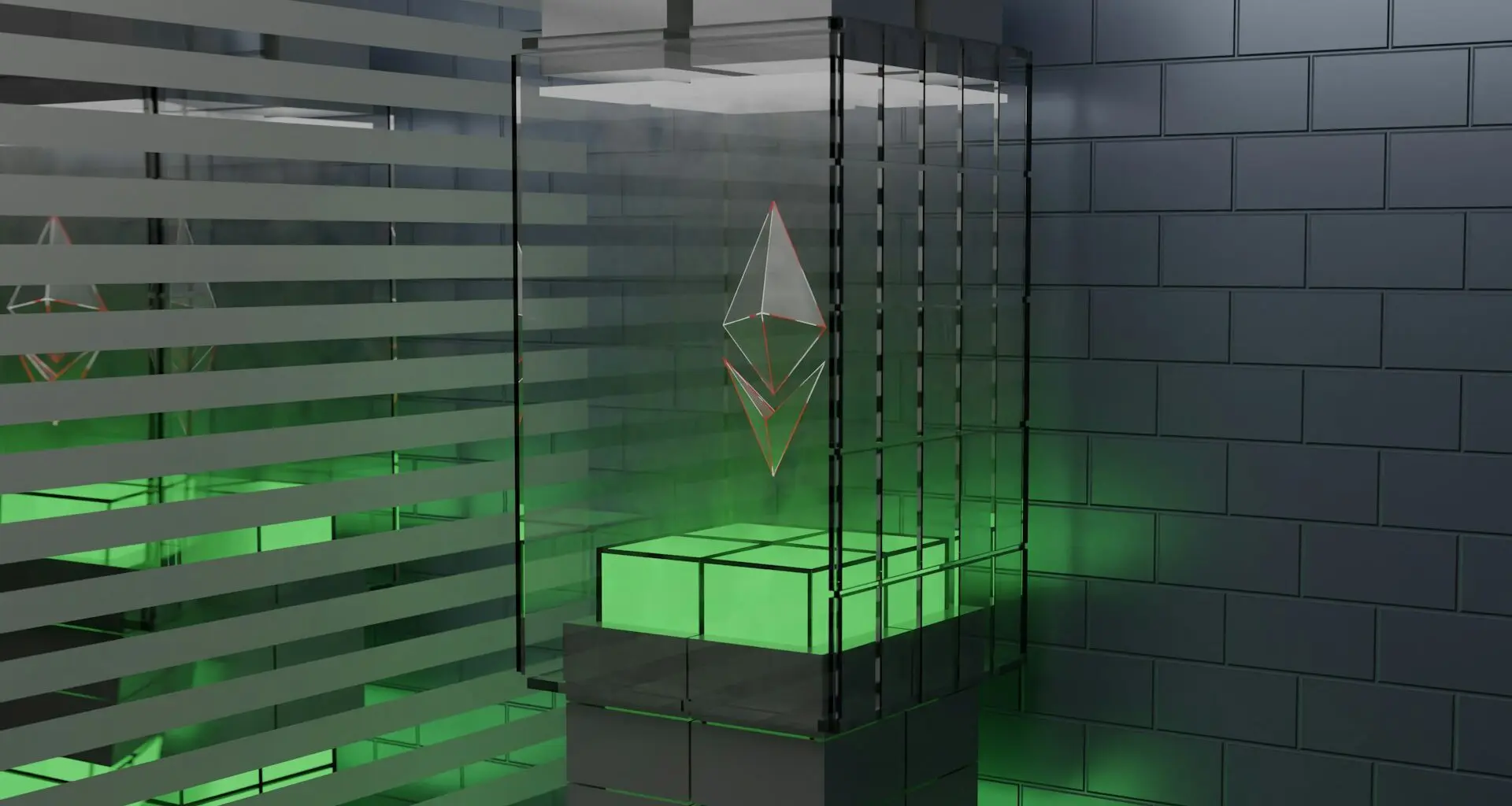 A 3D-rendered image of an Ethereum logo inside a futuristic, illuminated glass chamber with green lighting.