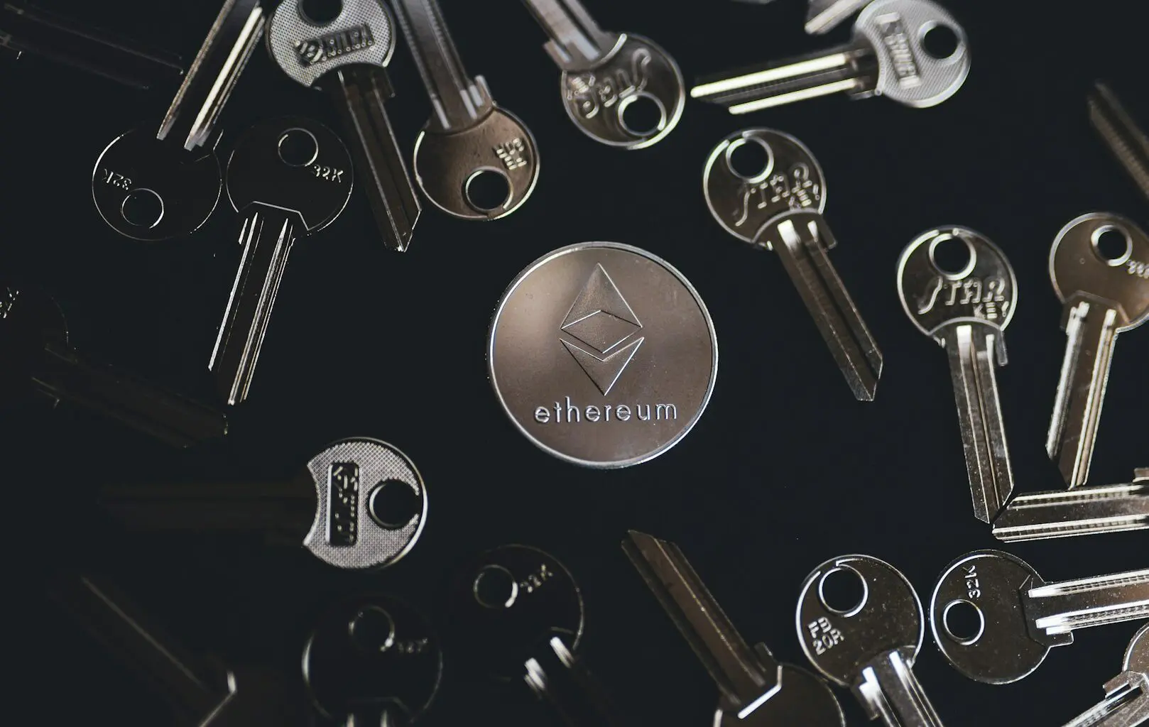 An Ethereum coin with a bunch of keys.