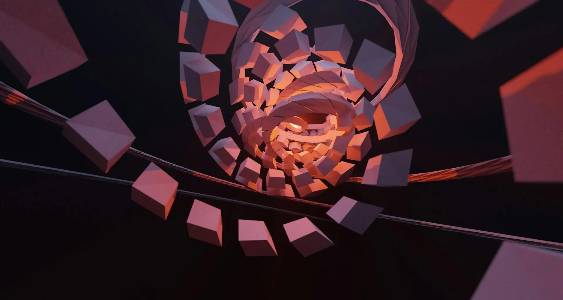 A 3D model of a spiral staircase made of interconnected blocks, resembling a blockchain. The dark, enclosed space could represent the secure nature of blockchain technology and cybersecurity.