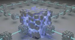 3D illustration of a complex, cube-based structure, with some cubes connected by glowing blue lines, symbolizing a network or decentralized system.