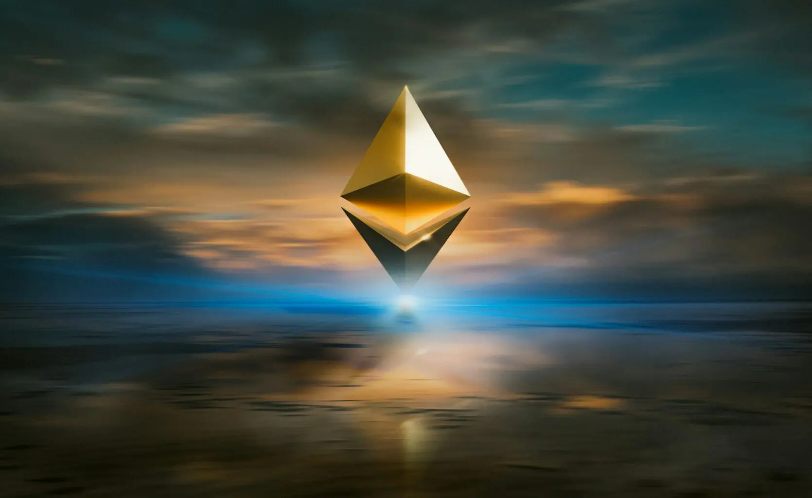 A golden Ethereum logo floating above a blurred landscape at sunset.