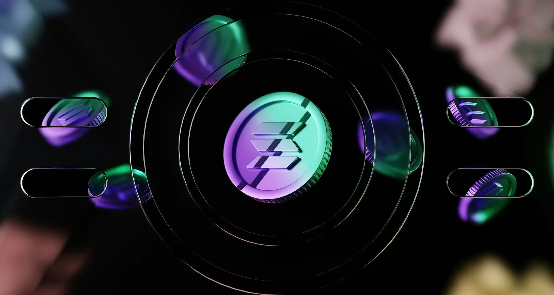 The image features a digital representation of the Solana cryptocurrency logo surrounded by abstract circular designs and floating holographic elements.