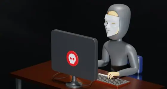 A criminal sitting at a desk at a computer.