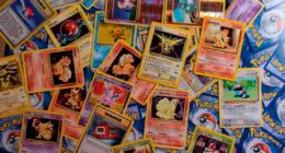 A bunch of Pokemon trading cards.