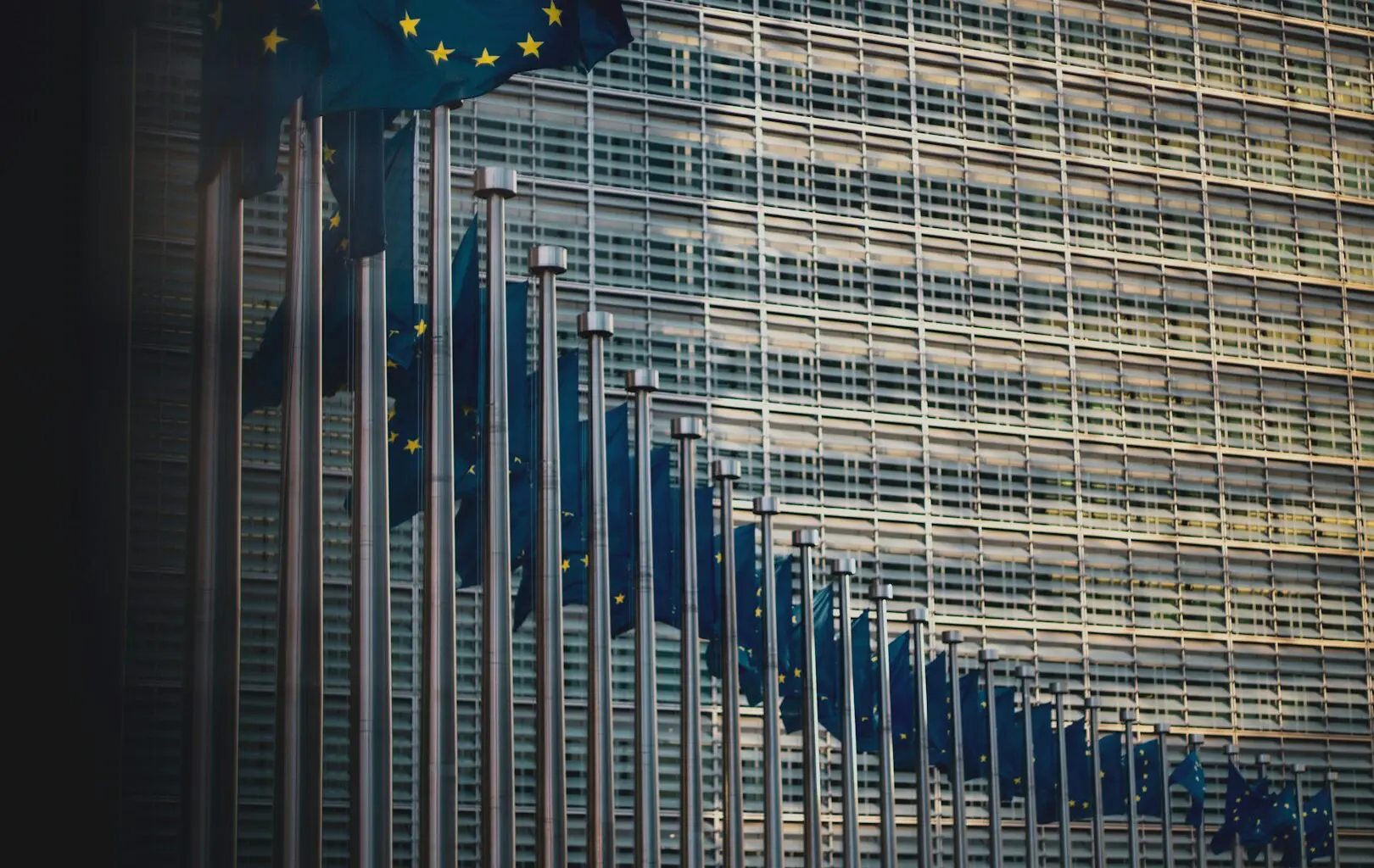 A row of European Union flags waves outside a modern glass-fronted building. The flags feature the distinctive blue background with yellow stars, symbolizing unity and cooperation among EU member countries.