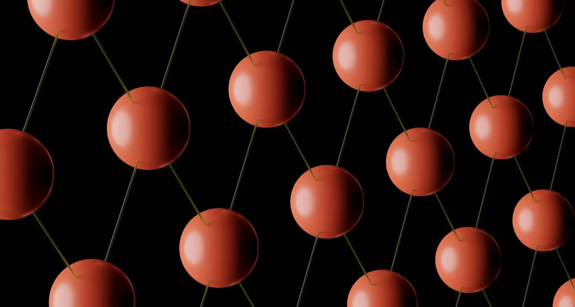 Red spheres connected by thin green lines, forming a grid pattern on a black background, representing a blockchain network.