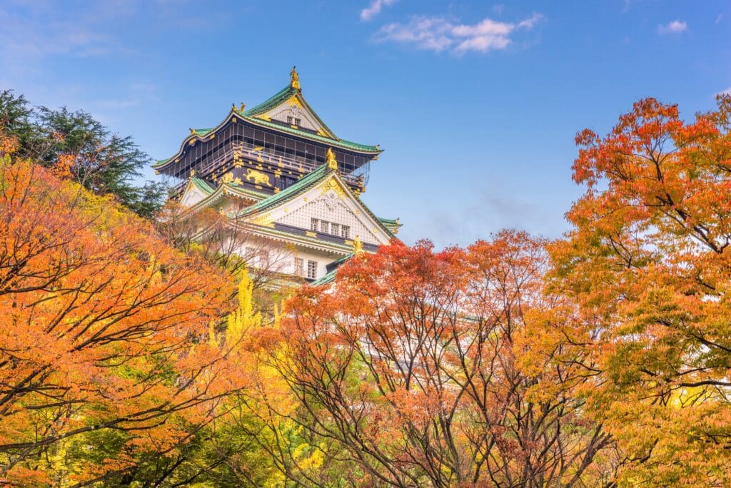 Osaka Castle towering over vibrant autumn foliage under a clear sky in Osaka, Japan.