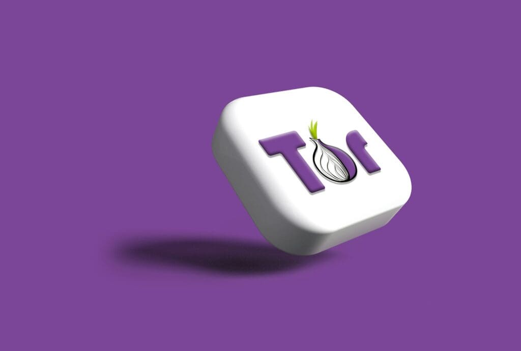 The image is a 3D representation of the Tor browser logo, with a purple background.