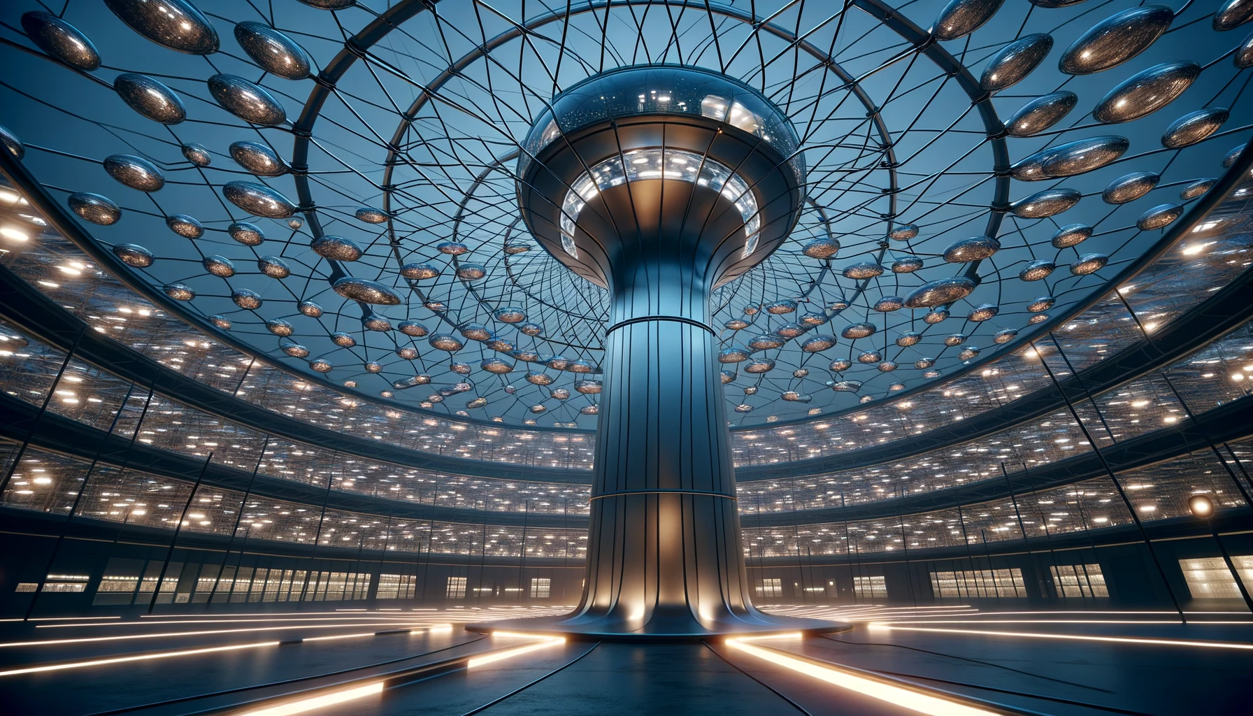 photo-realistic images of a stylized version of the 'Panopticon' prison architecture, adapted to depict a futuristic network of nodes.