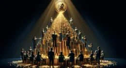 Image that metaphorically depict a Ponzi scheme as a towering pyramid made of gold coins and banknotes, illuminated under a spotlight against a dark background.