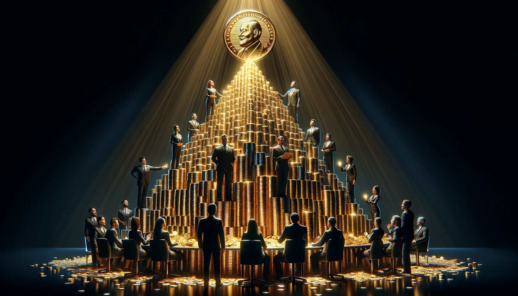 Image that metaphorically depict a Ponzi scheme as a towering pyramid made of gold coins and banknotes, illuminated under a spotlight against a dark background.