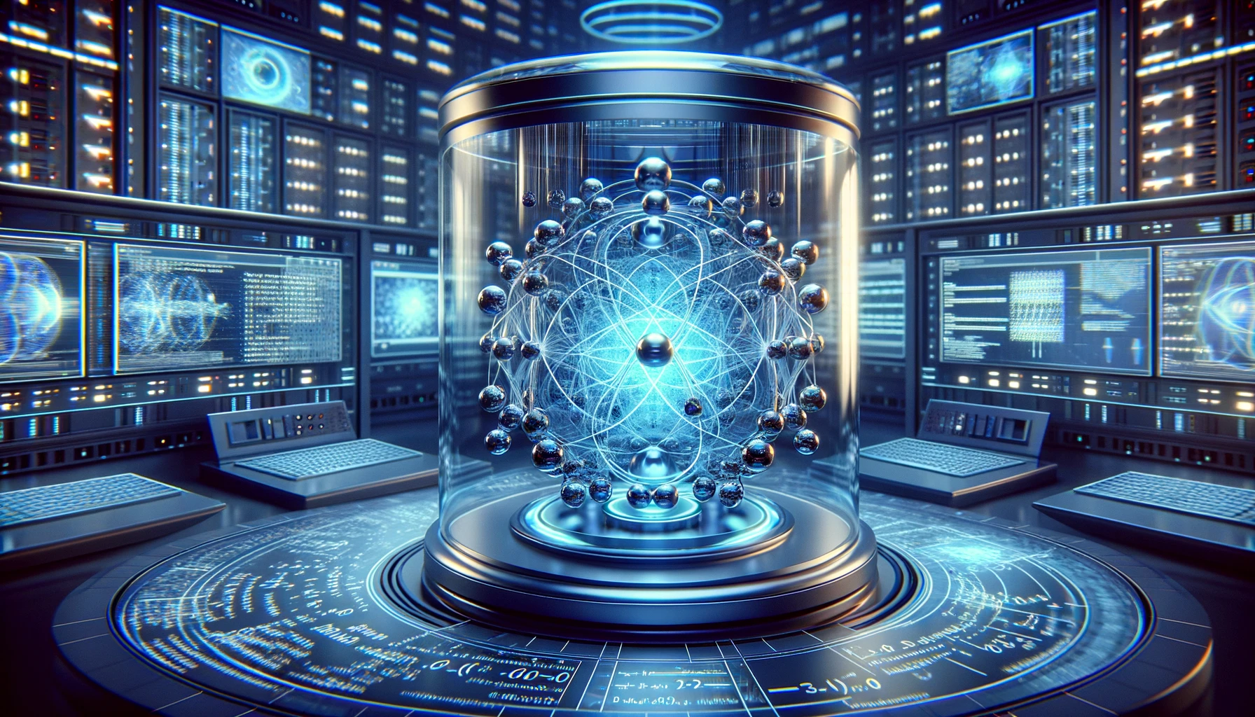 Image of a futuristic quantum computing environment. AI-generated.