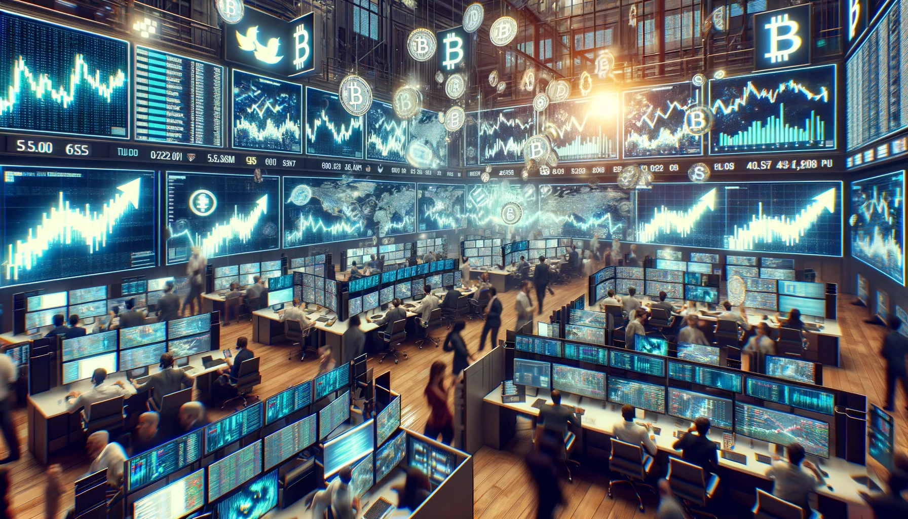 A photorealistic, AI-generated image depicting a bustling stock exchange floor, illuminated by screens and digital displays showcasing rising graphs and blockchain symbols. Traders are engaged in animated conversations and gestures, embodying the excitement of the blockchain market.