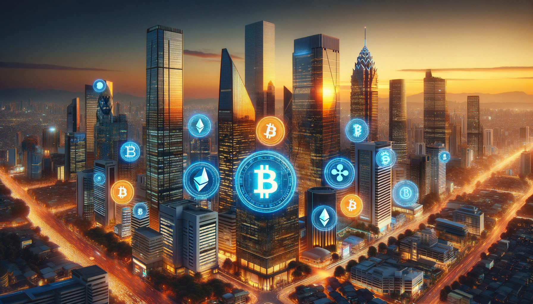 This image, created by an AI, shows a city at sunset with tall buildings. It has bright lights and cryptocurrency logos like Bitcoin and Ethereum on signs.