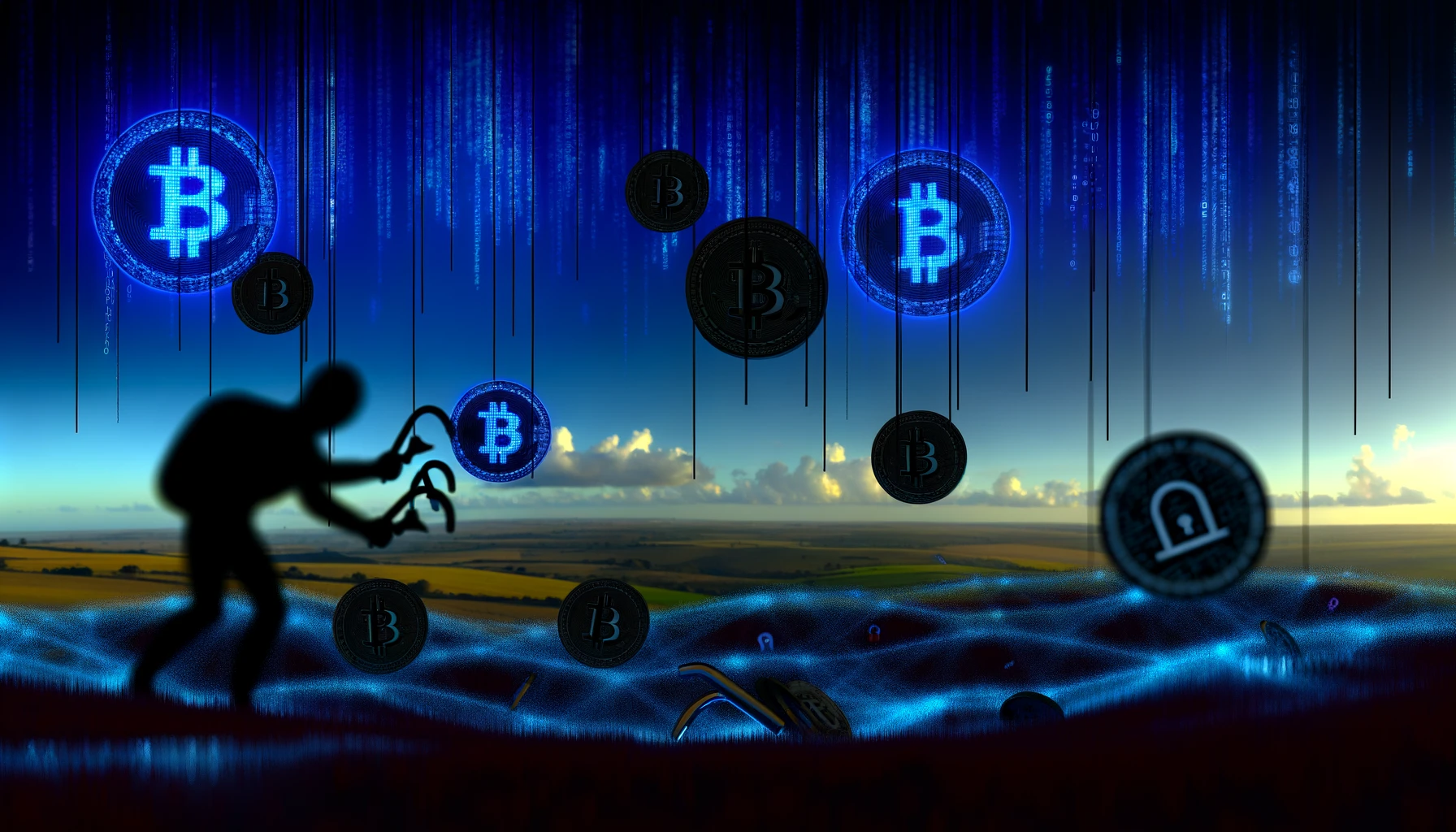 Two digital images by DALL·E depicting abstract crypto fraud concepts in a dark, code-filled landscape.