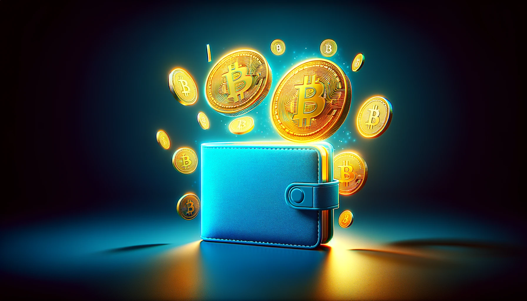 AI-generated image of a stylized bright blue wallet with oversized Bitcoin coins.