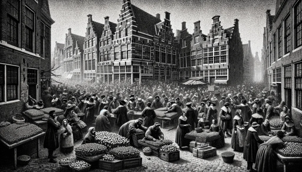 A noisy, black and white image depicting a 17th-century Dutch market at the peak of Tulip Mania. Ai-generated.