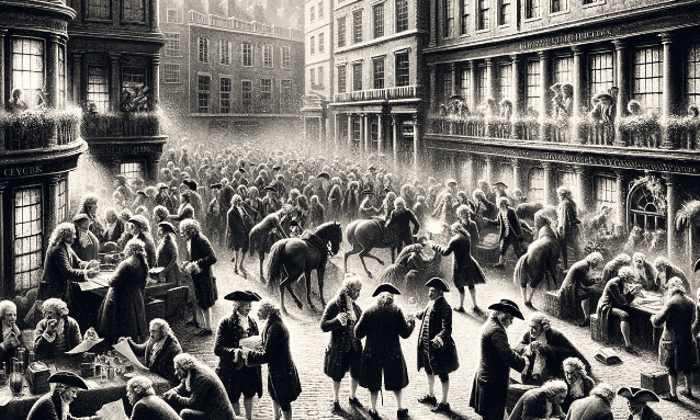 A black and white image portraying the height of the South Sea Bubble in an 18th-century London street scene. Ai-Generated.