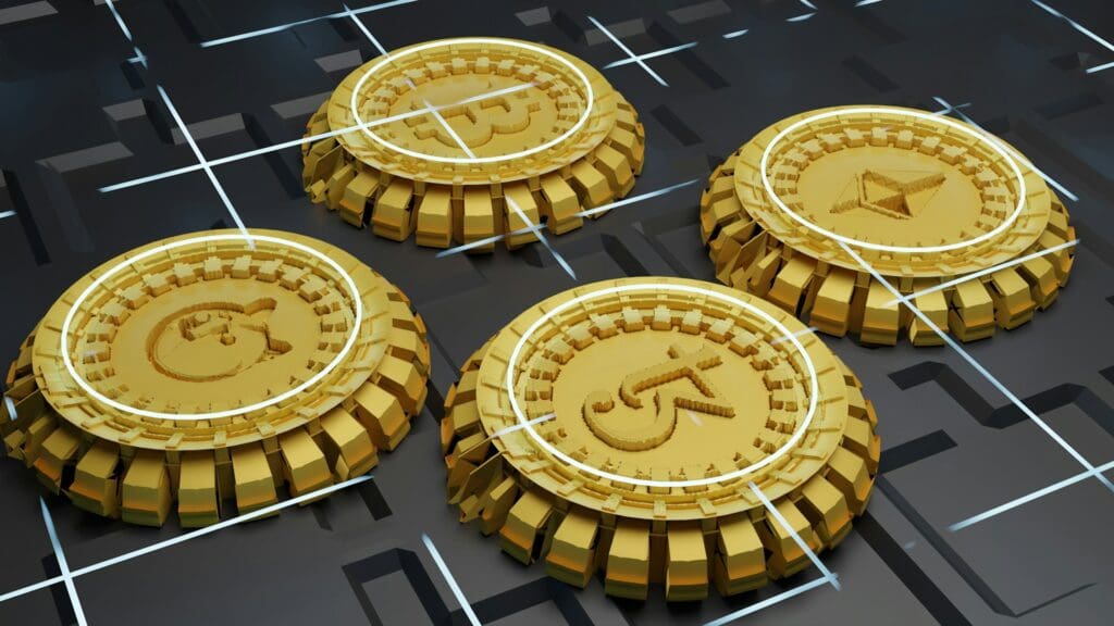 Image of four large golden coins with cryptocurrency symbols, including a Tezos privacy coin, on a dark background with grid lines.