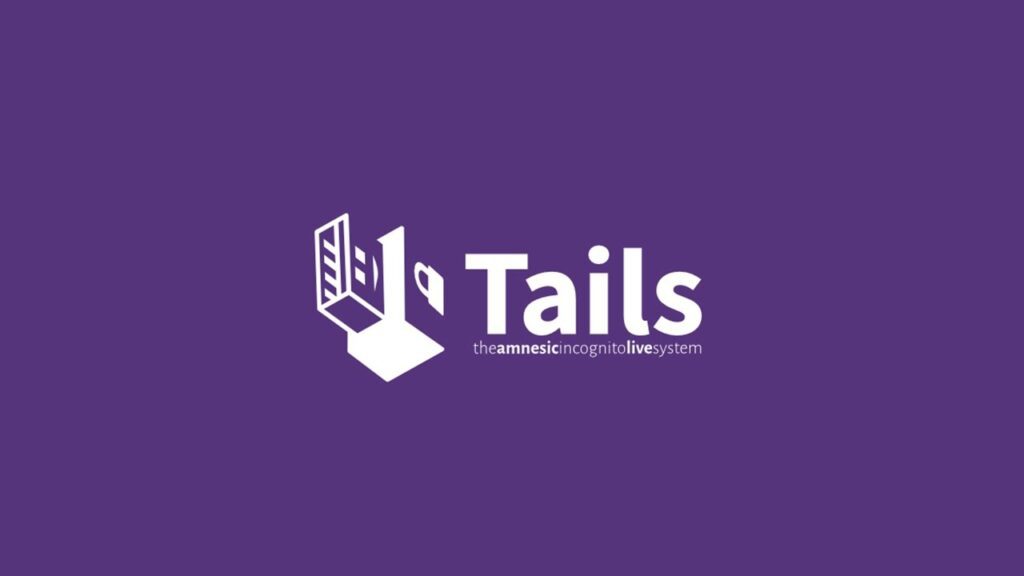 The image shows the logo of Tails OS with text, on a purple background.