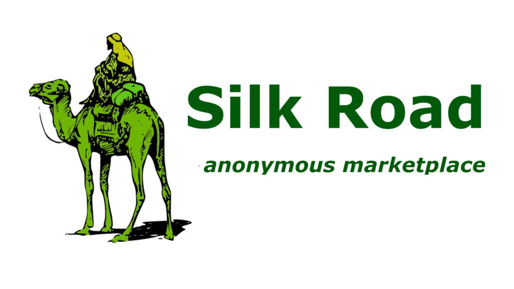 Logo of Silk Road featuring a camel with a rider and the text "Silk Road anonymous marketplace".